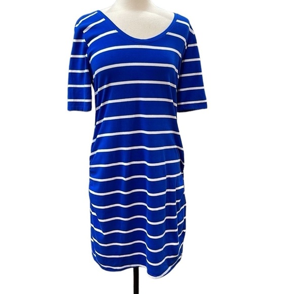 BumpStart Motherhood Maternity Stripe Short Sleeve T Shirt Dress SZ L Blue White - Picture 3 of 6